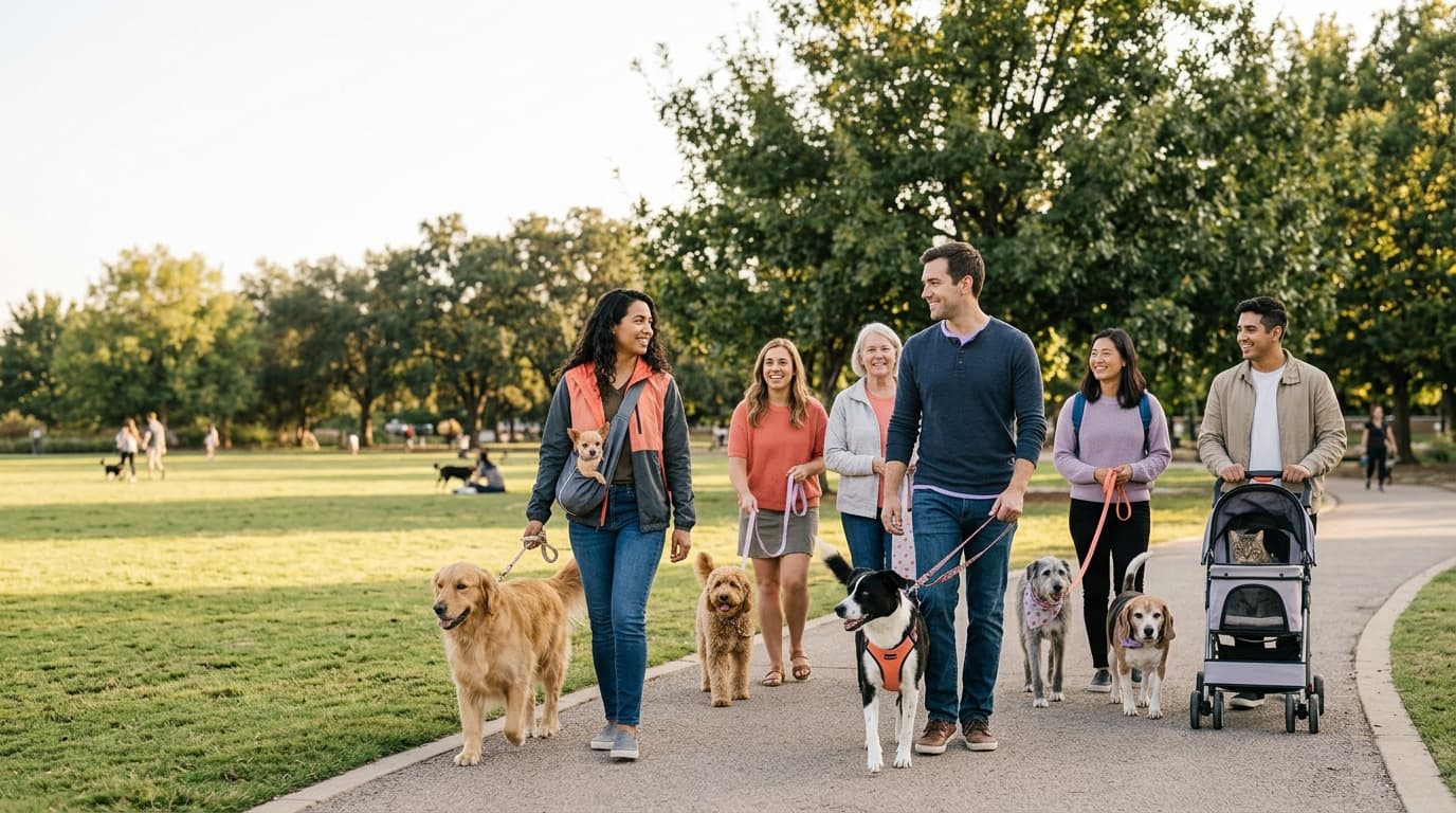 A group of pets and owners on a community walk